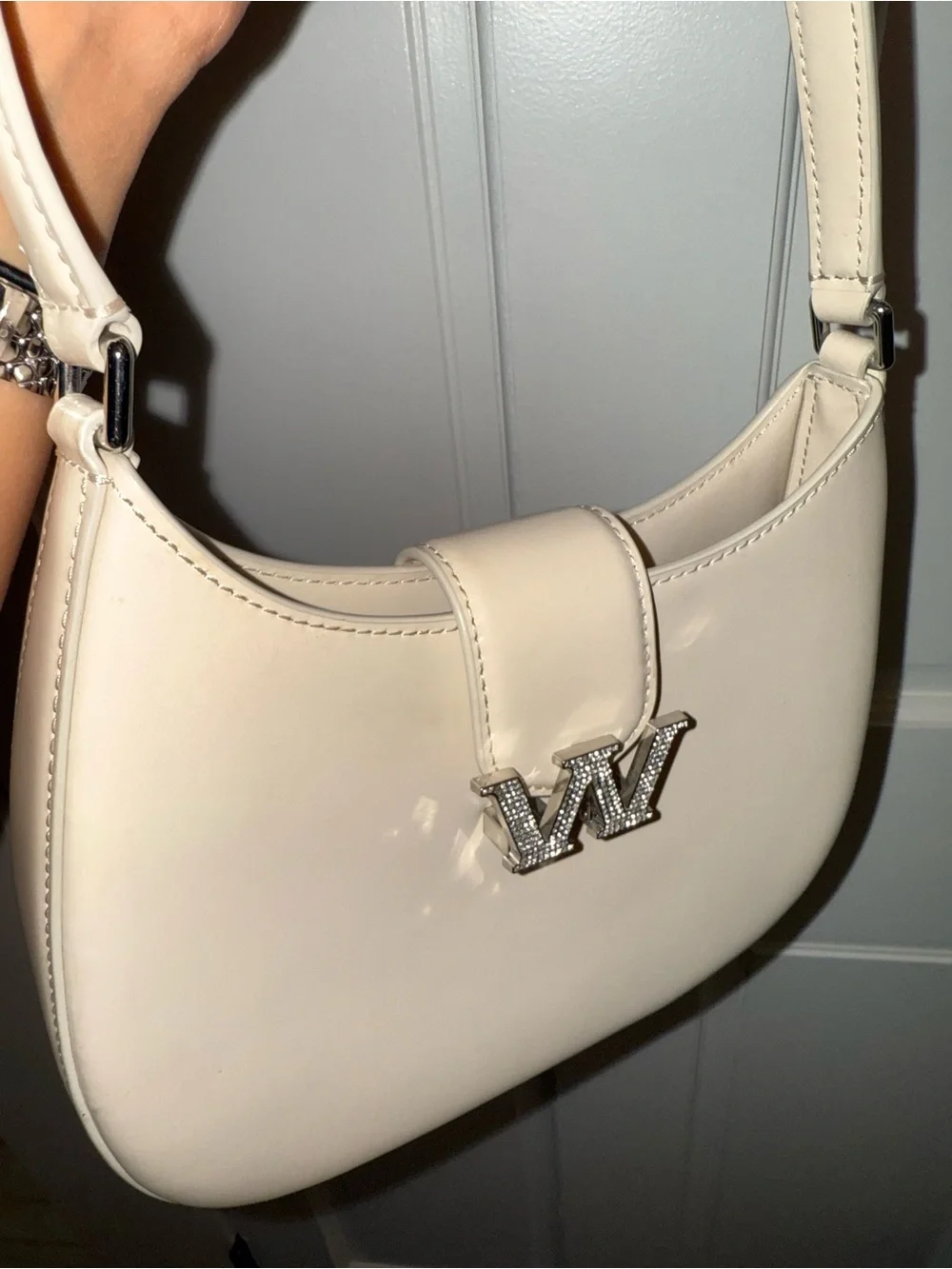 Alexander Wang Cream Patent Shoulder Bag with W Rhinestone Accent
